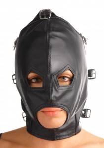 asylum leather hood with removable blindfold and muzzle with eye and mouth holes